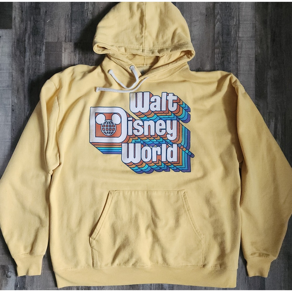 Disney Hoodie Pullover Adult XL Yellow Walt Disney World Retro Graphic Fleece